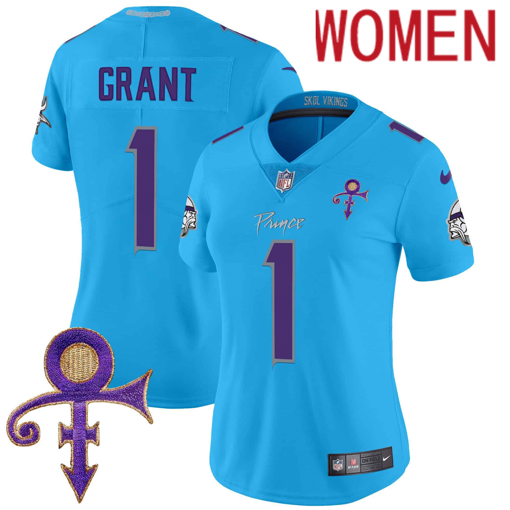 Women Minnesota Vikings 1 Grant Light Blue 2024 Nike Prince Vapor Limited NFL Jersey